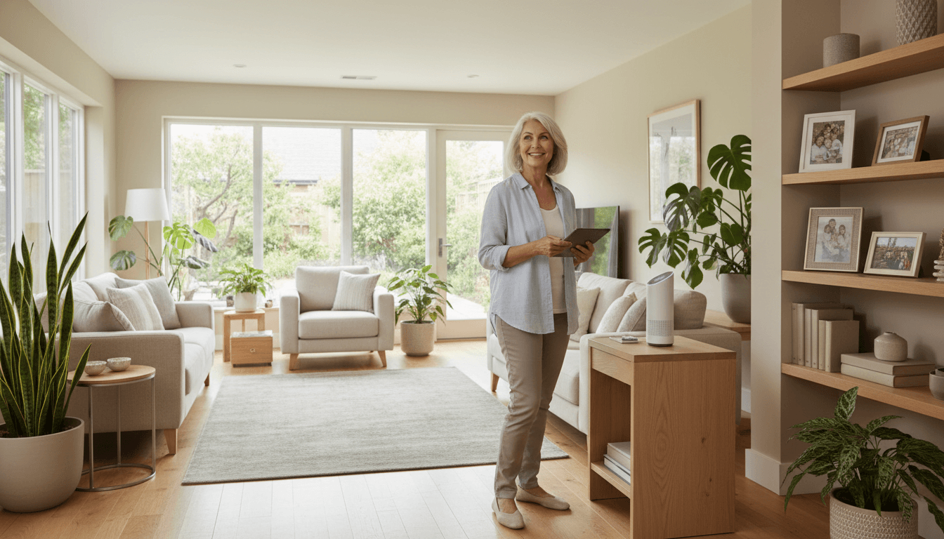Active senior using voice-activated communication device in bright, accessible living room with family photos on shelves