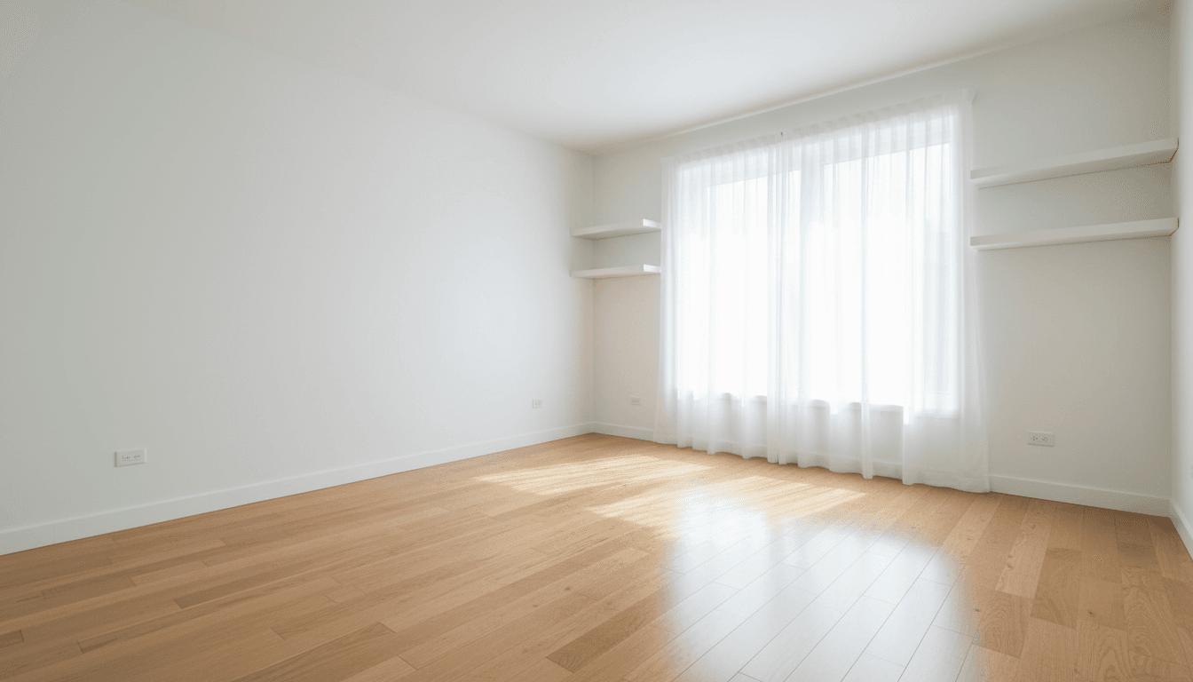 Empty, freshly cleaned bedroom with sparkling hardwood floors, bright windows, and pristine surfaces ready for new occupants