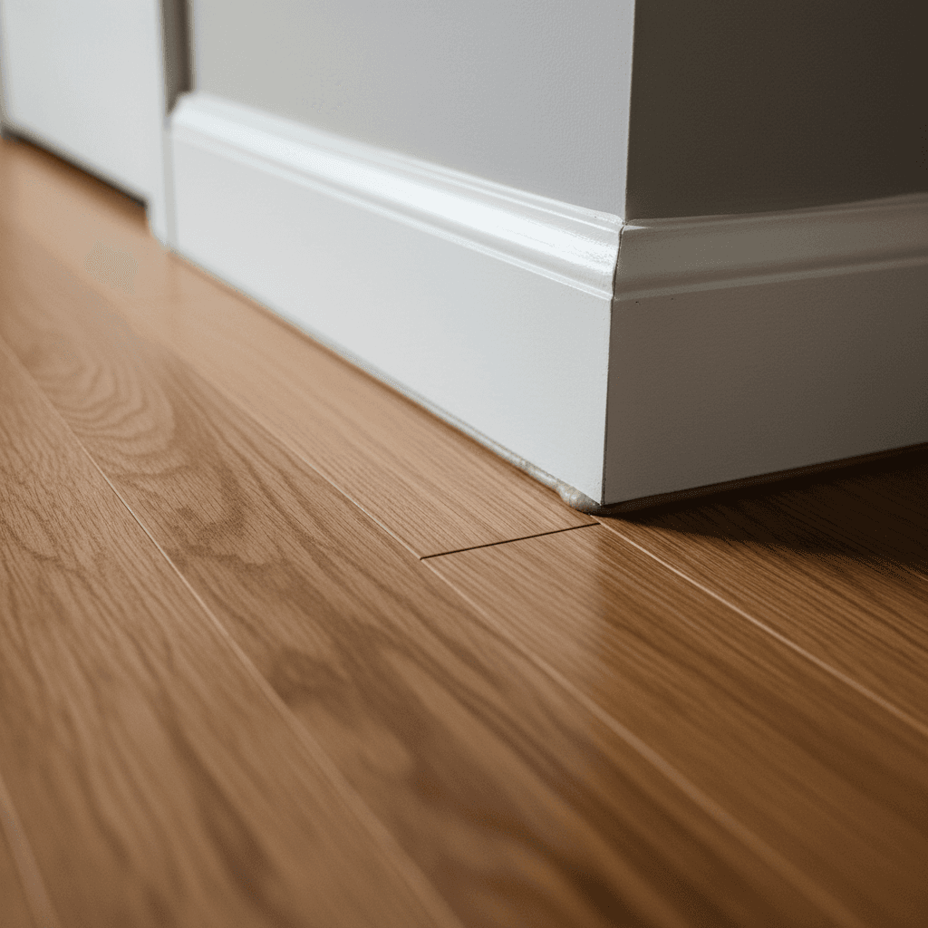 Close-up detail of newly installed hardwood flooring meeting white painted baseboard trim in renovation
