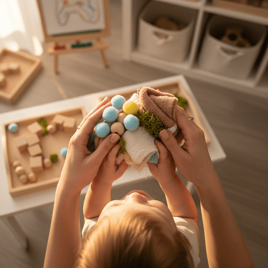 Close-up of childcare provider's hands guiding toddler through sensory learning activity with natural warm lighting