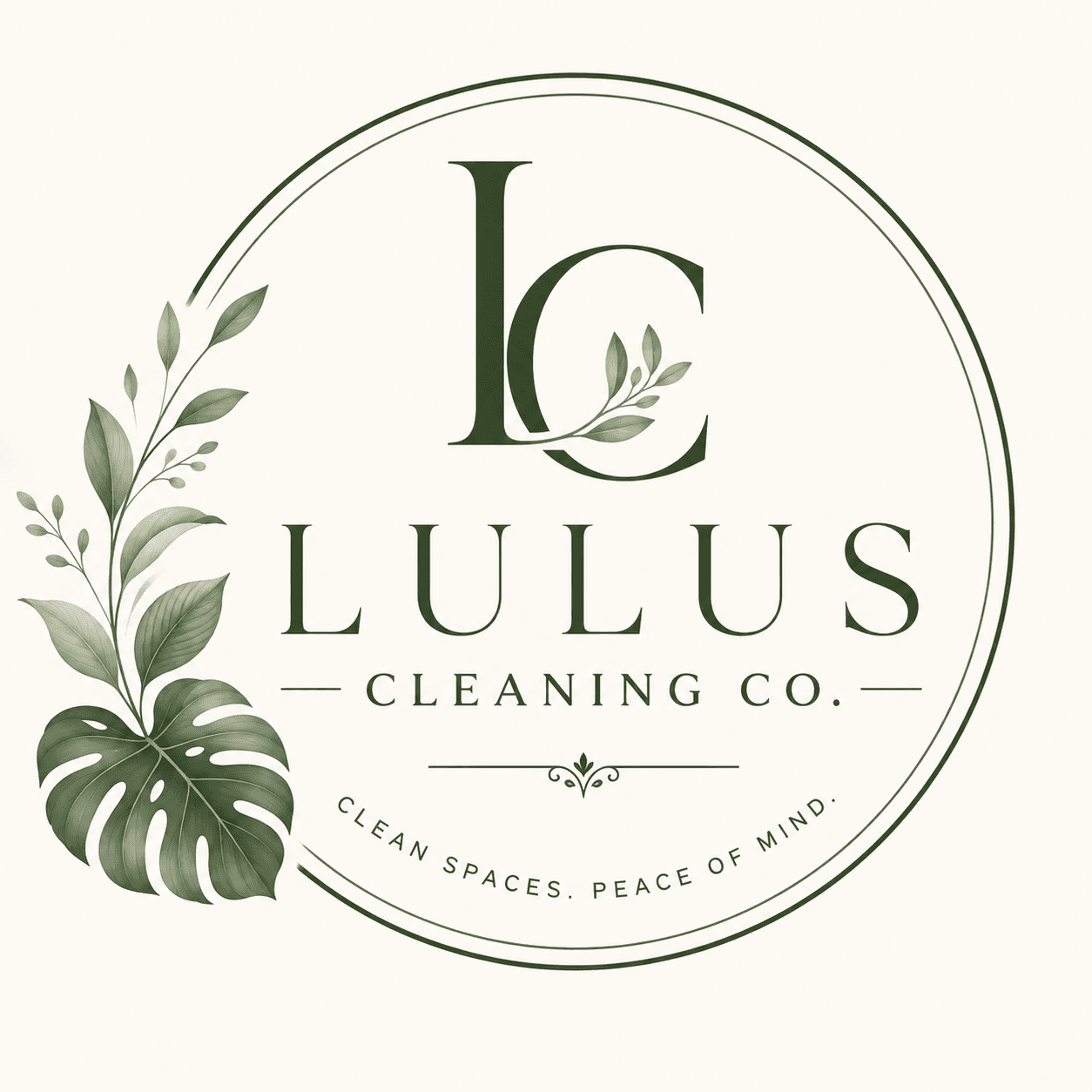 Lulus Cleaning Co. logo with green leaves and slogan 'Clean Spaces. Peace of Mind.'
